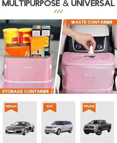 HOTOR Car Trash Can with Lid and Storage Pockets - 100% Leak-Proof Organizer, Waterproof Garbage Can, Multipurpose Trash Bin for Car, 2 Gallons, Pink - 5