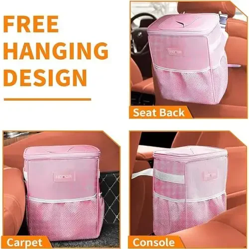 HOTOR Car Trash Can with Lid and Storage Pockets - 100% Leak-Proof Organizer, Waterproof Garbage Can, Multipurpose Trash Bin for Car, 2 Gallons, Pink - 6