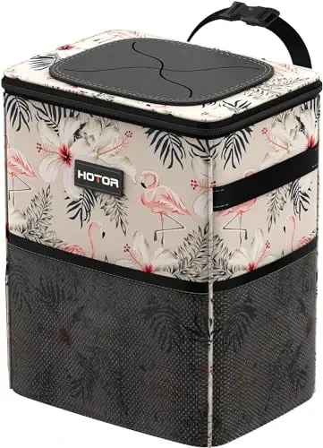 HOTOR Car Trash Can with Lid and Storage Pockets - 100% Leak-Proof Organizer, Waterproof Garbage Can, Multipurpose Trash Bin for Car, 2 Gallons, Flamingo 