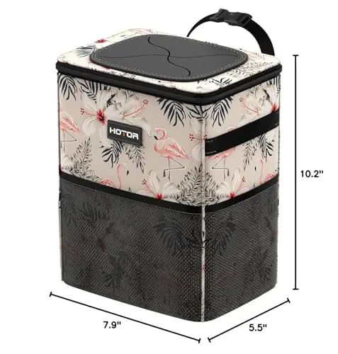 HOTOR Car Trash Can with Lid and Storage Pockets - 100% Leak-Proof Organizer, Waterproof Garbage Can, Multipurpose Trash Bin for Car, 2 Gallons, Flamingo - 2