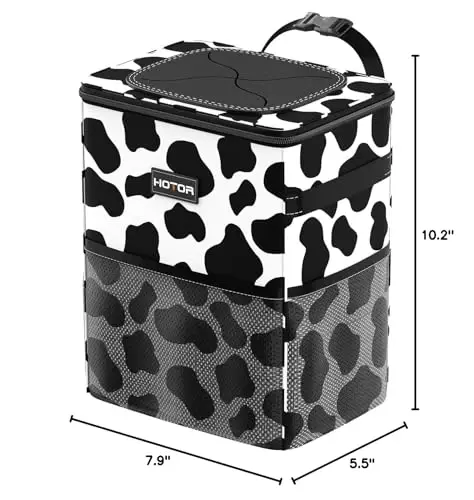 HOTOR Car Trash Can with Lid and Storage Pockets - 100% Leak-Proof Organizer, Waterproof Garbage Can, Multipurpose Trash Bin for Car, 2 Gallons, Cow - HOTOR (1)