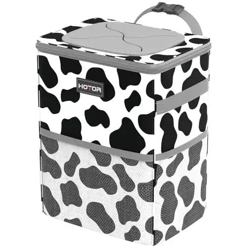 HOTOR Car Trash Can with Lid and Storage Pockets - 100% Leak-Proof Organizer, Waterproof Garbage Can, Multipurpose Trash Bin for Car, 2 Gallons, Cow - 1