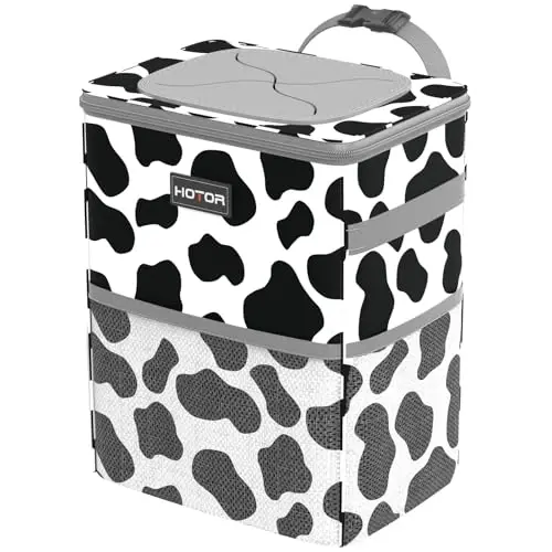 HOTOR Car Trash Can with Lid and Storage Pockets - 100% Leak-Proof Organizer, Waterproof Garbage Can, Multipurpose Trash Bin for Car, 2 Gallons, Cow 
