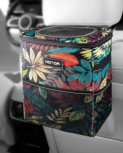 HOTOR Car Trash Can with Lid and Storage Pockets - 100% Leak-Proof Organizer, Waterproof Garbage Can, Multipurpose Trash Bin for Car, 2 Gallons, Autumn Leaves - 1