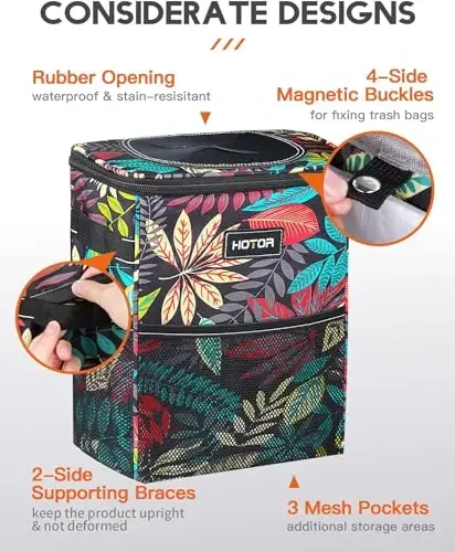 HOTOR Car Trash Can with Lid and Storage Pockets - 100% Leak-Proof Organizer, Waterproof Garbage Can, Multipurpose Trash Bin for Car, 2 Gallons, Autumn Leaves - 4