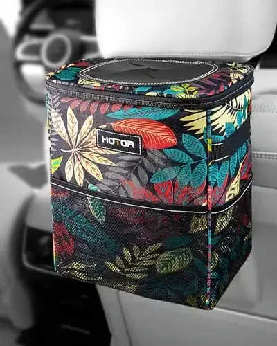 HOTOR Car Trash Can with Lid and Storage Pockets - 100% Leak-Proof Organizer, Waterproof Garbage Can, Multipurpose Trash Bin for Car, 2 Gallons, Autumn Leaves - HOTOR