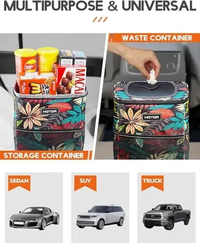 HOTOR Car Trash Can with Lid and Storage Pockets - 100% Leak-Proof Organizer, Waterproof Garbage Can, Multipurpose Trash Bin for Car, 2 Gallons, Autumn Leaves - 6