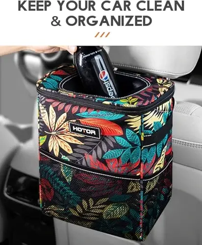 HOTOR Car Trash Can with Lid and Storage Pockets - 100% Leak-Proof Organizer, Waterproof Garbage Can, Multipurpose Trash Bin for Car, 2 Gallons, Autumn Leaves - 2