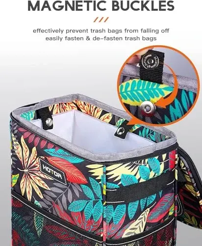 HOTOR Car Trash Can, Compact Waterproof Organizer, Leak-Proof Bin, 2-Gallon | Autumn Leaves, Multifunctional Car Accessory with Adjustable Straps & Magnetic Snaps for Interior Car Storage - 3