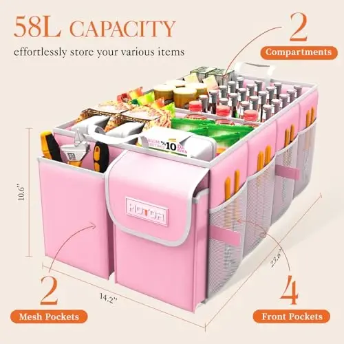 HOTOR Foldable Trunk Organizer - SUV & Sedan Compatible, 2 Compartments, Pink, 23.6