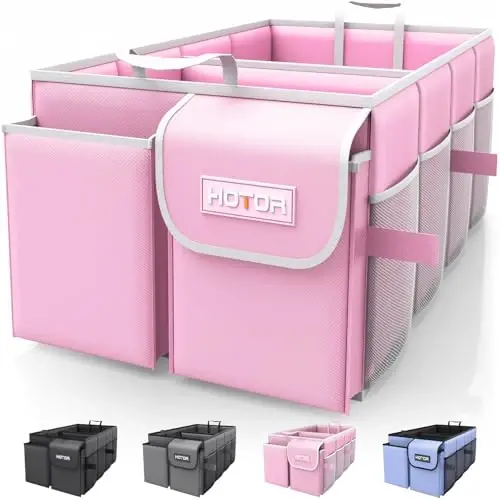 HOTOR Foldable Trunk Organizer - SUV & Sedan Compatible, 2 Compartments, Pink, 23.6