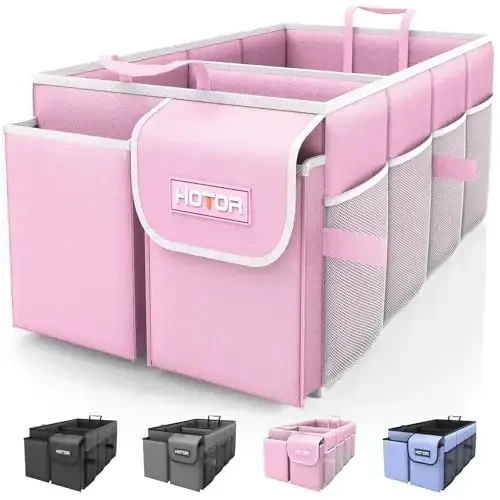 HOTOR Foldable Trunk Organizer for SUVs & Sedans, Pink, 2 Compartments, 21.3