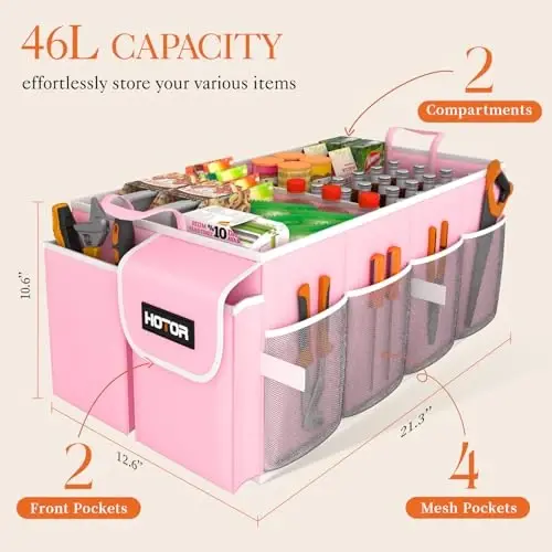 HOTOR Trunk Organizer for Car - Car Organizer, Foldable Trunk organizer for SUVs & Sedans, Sturdy Organization for Car Accessories, Tools, Sundries, Pink, 2 Compartments, 21.3