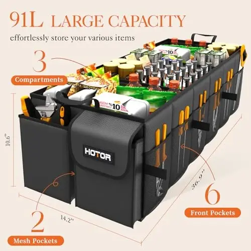 HOTOR Foldable Trunk Organizer - SUV & Sedan, 3-Compartment, 35.4