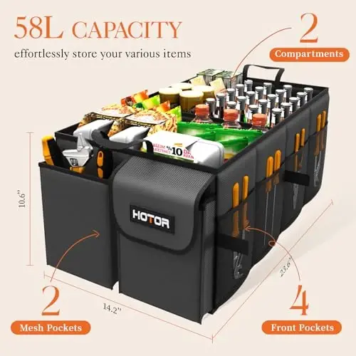 HOTOR Foldable Trunk Organizer - SUVs & Sedans, Sturdy Car Organization With 2 Compartments, Black, 23.6