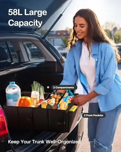 HOTOR Foldable Trunk Organizer - SUVs & Sedans, Sturdy Car Organization With 2 Compartments, Black, 23.6
