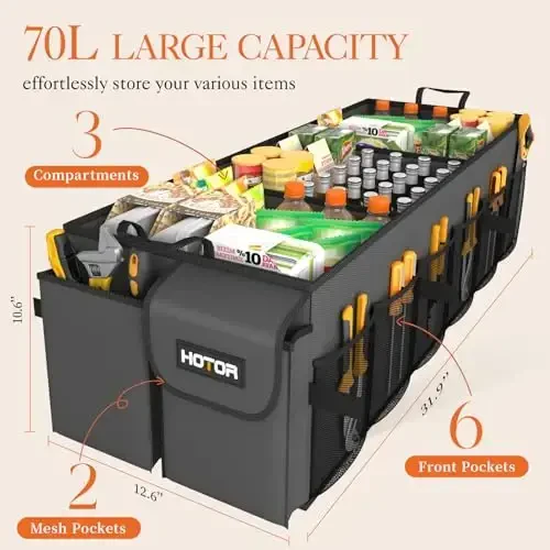 HOTOR Складной Органайзер для Багажника - Совместим с Внедорожниками и Седанами, 3 Отделения, Серый, 81x32x27 см Прочная Автомобильная Организация для Аксессуаров, Инструментов, Мелочей - HOTOR (1)