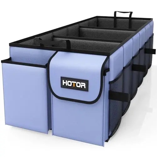 HOTOR Trunk Organizer - Avtomobil organizatori, SUV va sedanlar uchun yig'iladigan yukxona organizatori, Avtomobil aksessuarlari, asboblar, aralash buyumlar uchun mustahkam avtomobil tashkiloti, ko'k, 3 bo'lim, 31,9