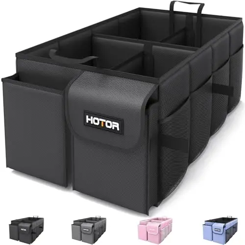 HOTOR Trunk Organizer - Car Organizer, Foldable Trunk organizer for SUVs & Sedans, Sturdy Car Organization for Car Accessories, Tools, Sundries, Black, 4 Compartments, 23.2
