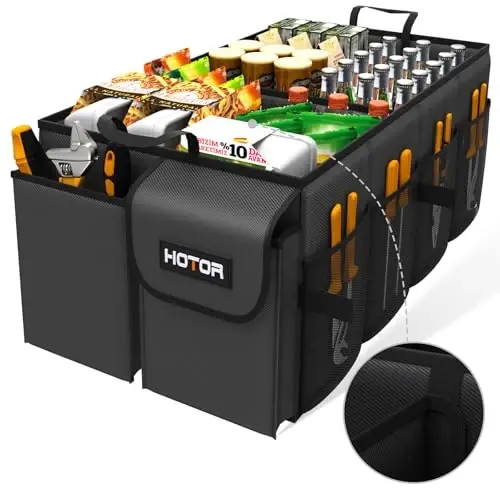 HOTOR Trunk Organizer - Car Organizer, Foldable Trunk organizer for SUVs & Sedans, Sturdy Car Organization for Car Accessories, Tools, Sundries, Black, 4 Compartments, 23.2