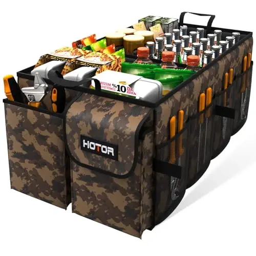 HOTOR Trunk Organizer - Car Organizer, Foldable Trunk organizer for SUVs & Sedans, Sturdy Car Organization for Car Accessories, Tools, Sundries, Brown Camouflage, 2 Compartments, 21.3