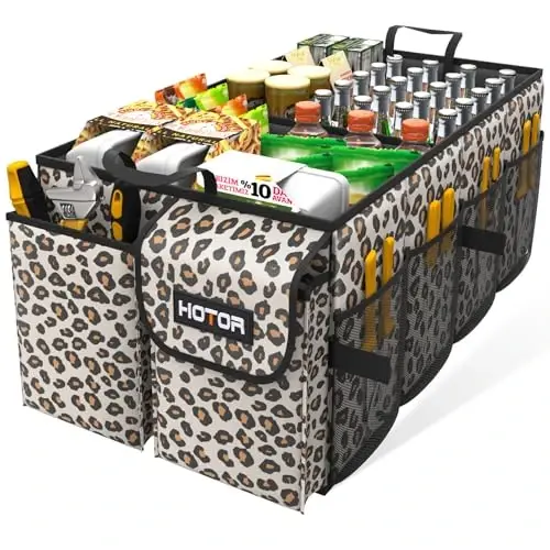 HOTOR Trunk Organizer - Car Organizer, Foldable Trunk organizer for SUVs & Sedans, Sturdy Car Organization for Car Accessories, Tools, Sundries, Brown Leopard, 2 Compartments, 21.3