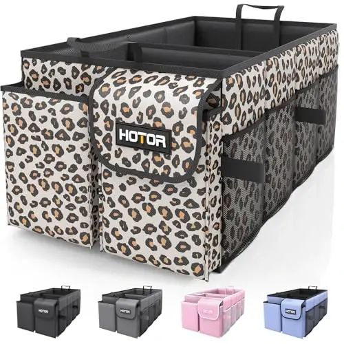 HOTOR Trunk Organizer - Car Organizer, Foldable Trunk organizer for SUVs & Sedans, Sturdy Car Organization for Car Accessories, Tools, Sundries, Brown Leopard, 2 Compartments, 21.3