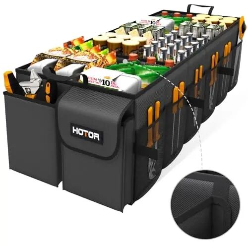 HOTOR Trunk Organizer - Foldable Car Organizer for SUVs & Sedans Storage | Sturdy Car Organization for Men & Women, Car Accessories, Tools, Sundries, Black, 6 Compartments, 34.8