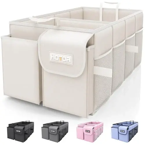 HOTOR Trunk Organizer - Foldable Car Storage for SUVs & Sedans, Sturdy Organization for Accessories, Tools, Sundries, Beige, 2 Compartments, 21.3