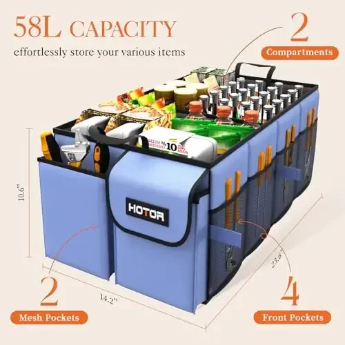 HOTOR Trunk Organizer for Car - Car Organizer, Foldable Trunk organizer for SUVs & Sedans, Sturdy Car Organization for Car Accessories, Tools, Sundries, Blue, 2 Compartments, 23.6