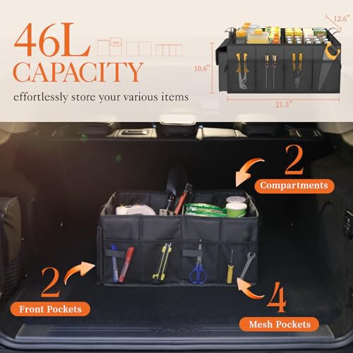 HOTOR Trunk Organizer for Car - Large-Capacity Car Organizer, Foldable Trunk organizer for SUVs & Sedans, Sturdy Car Organization for Car Accessories, Tools, Sundries, Black, 2 Compartments - 5