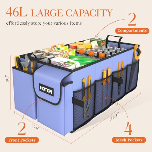 HOTOR Trunk Organizer for Car - Large-Capacity Car Organizer, Foldable Trunk organizer for SUVs & Sedans, Sturdy Car Organization for Car Accessories, Tools, Sundries, Blue, 2 Compartments - 8