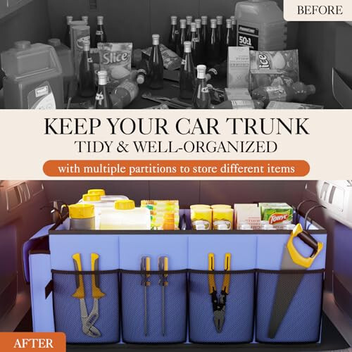 HOTOR Trunk Organizer for Car - Large-Capacity Car Organizer, Foldable Trunk organizer for SUVs & Sedans, Sturdy Car Organization for Car Accessories, Tools, Sundries, Blue, 2 Compartments - 13