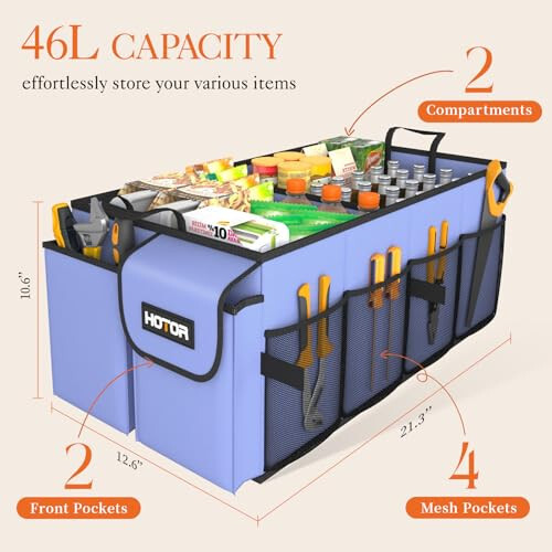 HOTOR Trunk Organizer for Car - Large-Capacity Car Organizer, Foldable Trunk organizer for SUVs & Sedans, Sturdy Car Organization for Car Accessories, Tools, Sundries, Blue, 2 Compartments - 12