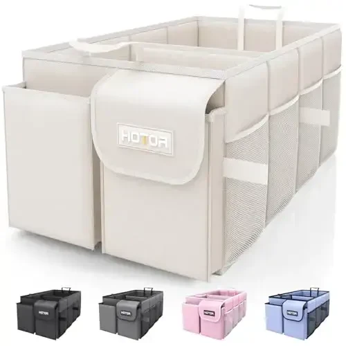HOTOR Trunk Organizer - SUV va Sedanlar uchun yig'iladigan avtomobil saqlash joyi, Aksessuarlar, asboblar, turli xil narsalar uchun mustahkam tashkilot, bej, 2 bo'linma, 21.3