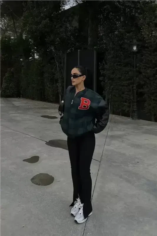 Houndstooth Pattern Embroidered College Jacket - Khaki - BÜYÜKBEDENIZ