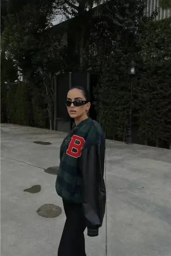 Houndstooth Pattern Embroidered Varsity Jacket - Khaki - BÜYÜKBEDENIZ (1)