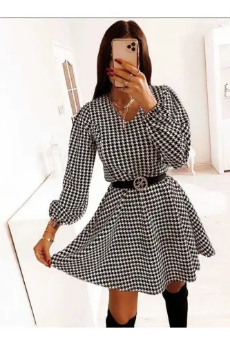 Houndstooth Patterned Long Sleeve Belted Flared Dress Evening Dress 581531 Emr-109-KAZAYAĞİ DESEN 