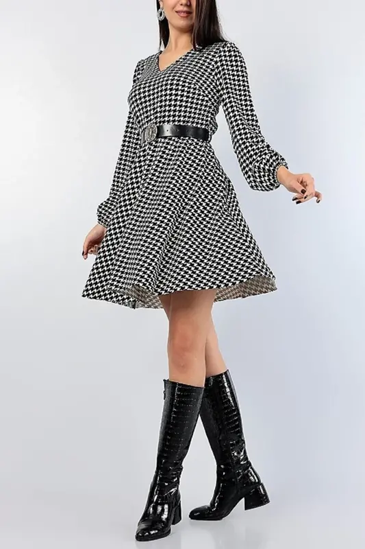Houndstooth Patterned Long Sleeve Belted Flared Dress Evening Dress 581531 Emr-109-KAZAYAĞİ DESEN - 3