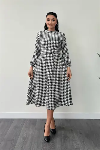 Houndstooth Patterned Midi Dress - BLACK - 1