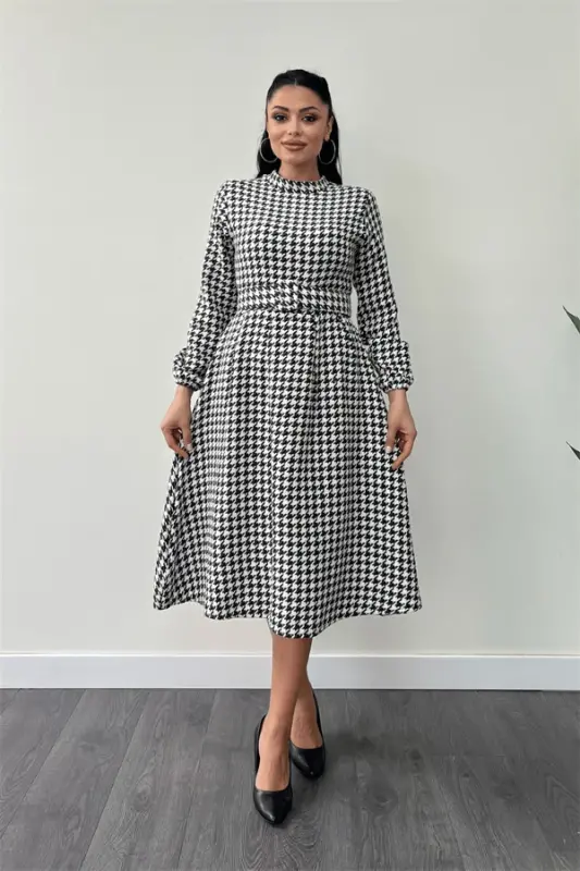 Houndstooth Patterned Midi Dress - BLACK - BÜYÜKBEDENIZ