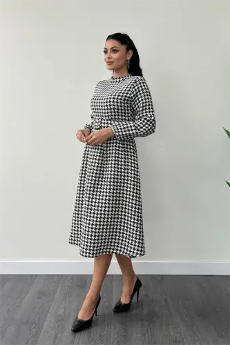 Houndstooth Patterned Midi Dress - BLACK - BÜYÜKBEDENIZ (1)