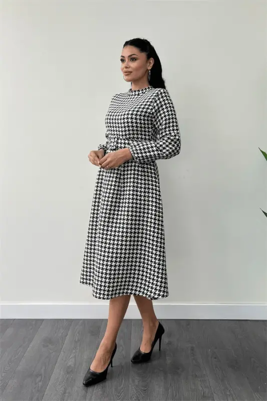 Houndstooth Patterned Midi Dress - BLACK - 2