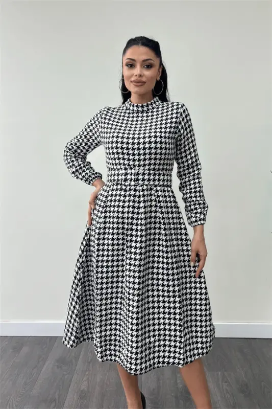 Houndstooth Patterned Midi Dress - BLACK - 3