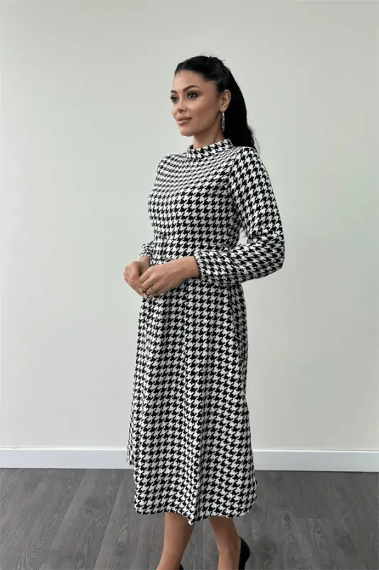 Houndstooth Patterned Midi Dress - BLACK - 4