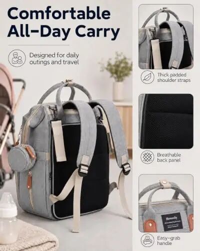 Houscly 25L Diaper Bag Backpack with Changing Station, Large Capacity | Multifunction baby bag, baby registry search, baby girl newborn essentials must haves, baby shower gifts, black - 4