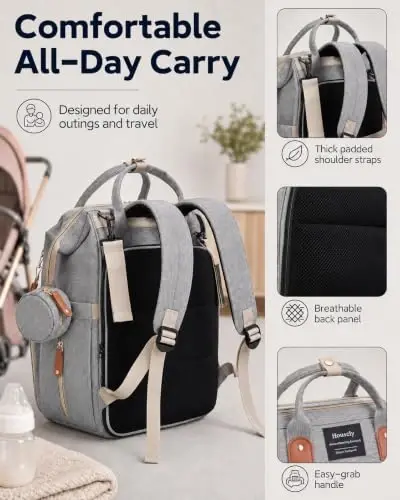 Houscly 25L Diaper Bag Backpack with Changing Station, Large Capacity | Multifunction baby bag, baby registry search, baby girl newborn essentials must haves, baby shower gifts, light grey - 4