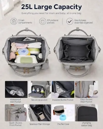 Houscly 25L Diaper Bag Backpack with Changing Station, Large Capacity | Multifunction baby bag, baby registry search, baby girl newborn essentials must haves, baby shower gifts, Multicolor - houscly (1)
