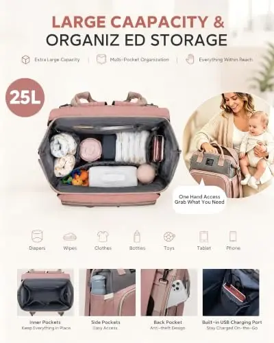 houscly Diaper Bag Backpack with Changing Station, 25L Large Capacity | Multifunction baby bag, baby registry search, baby girl newborn essentials must haves, baby shower gifts, Light Blue - HOUSCLY (1)