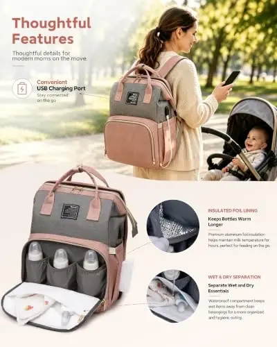 houscly Diaper Bag Backpack with Changing Station, 25L Large Capacity | Multifunction baby bag, baby registry search, baby girl newborn essentials must haves, baby shower gifts, Peach Pink - 4